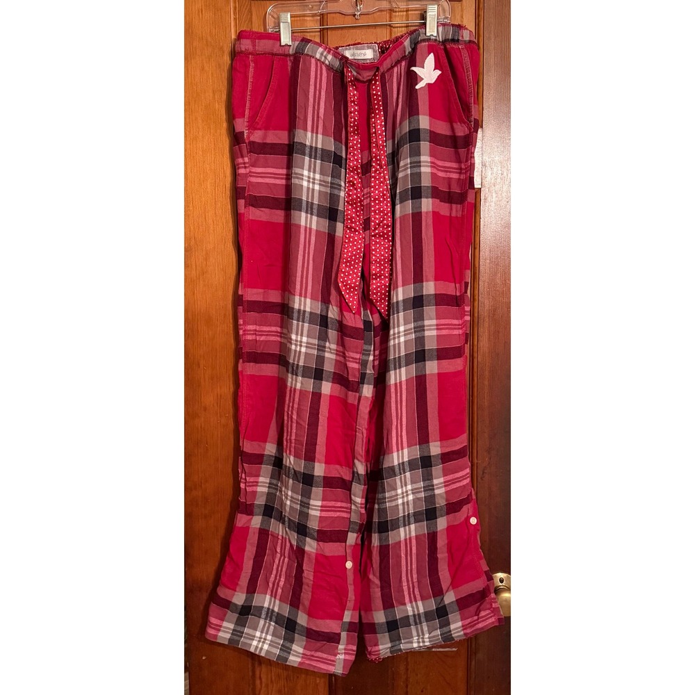 Aerie Older Style Red Pink Plaid Polka Dot Trim Pajama Pants Wide Leg Medium